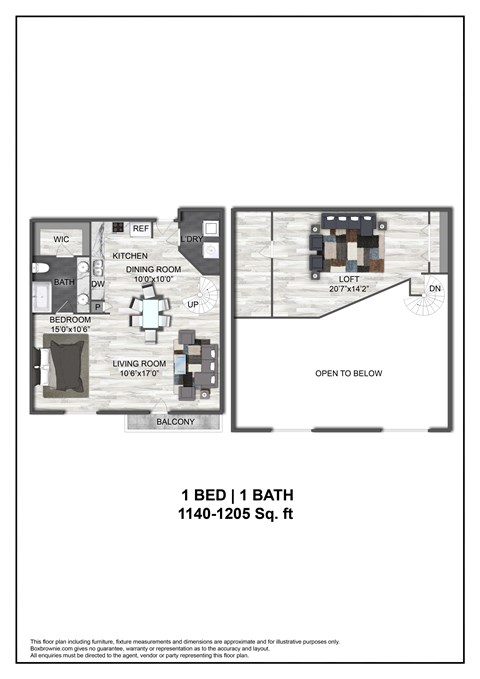 Floor plan for 1 bed, 1 bath, 1140 sqft